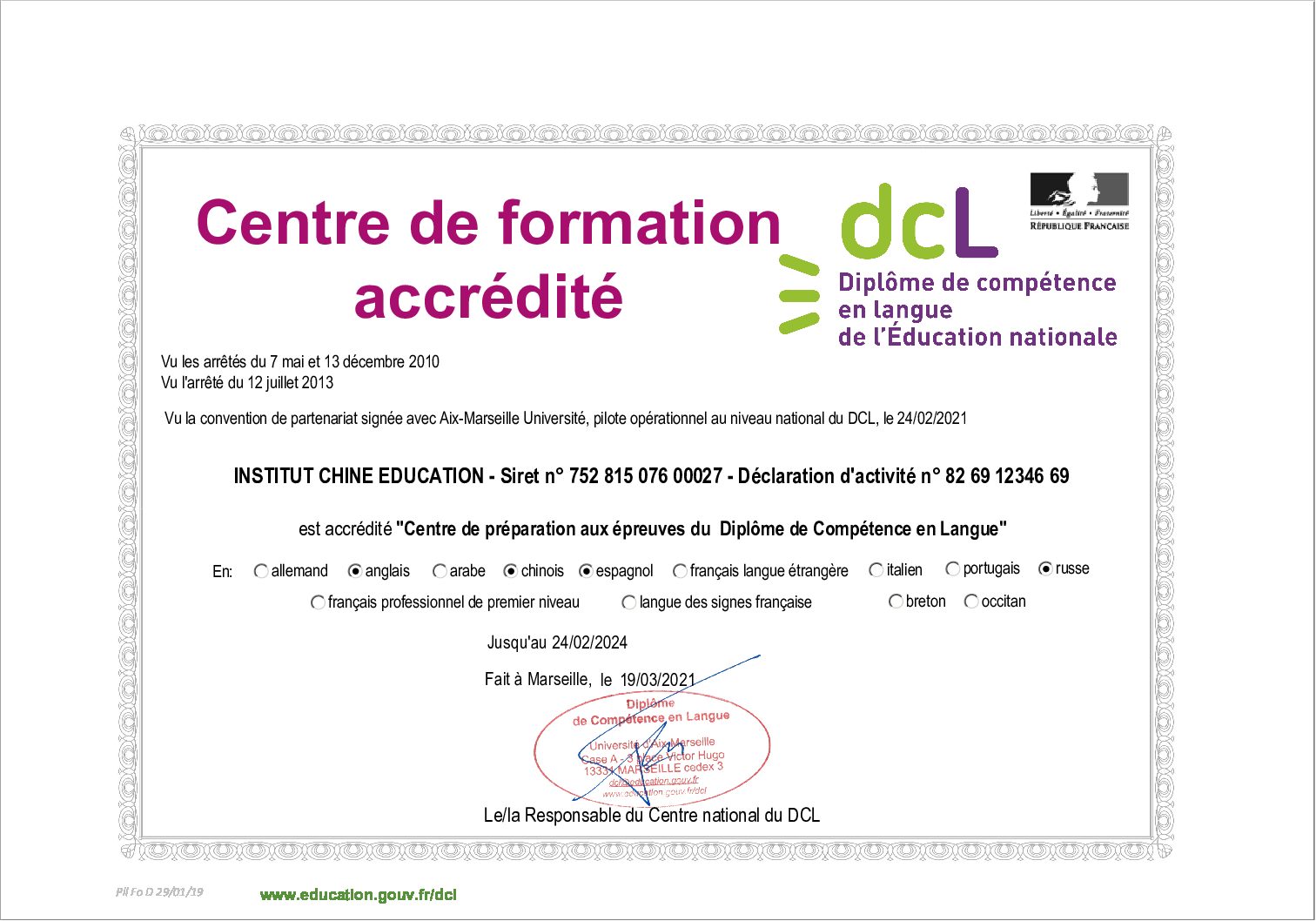 Attestation accreditation CNDCL D 290119 - INSTITUT CHINE EDUCATION 24.02.2024