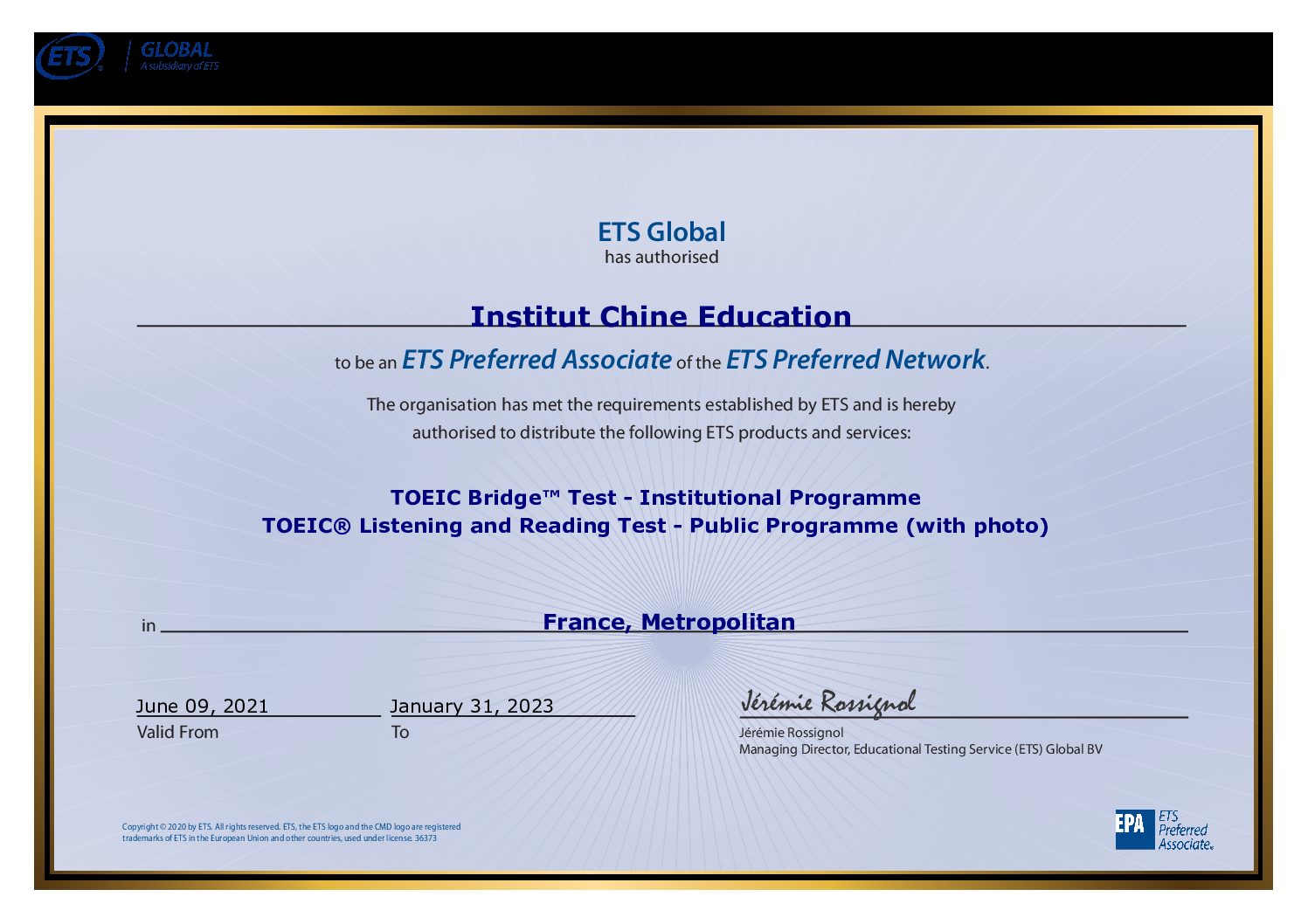 ETS Global - Certificate for EPA - 14122020 Institut Chine Education